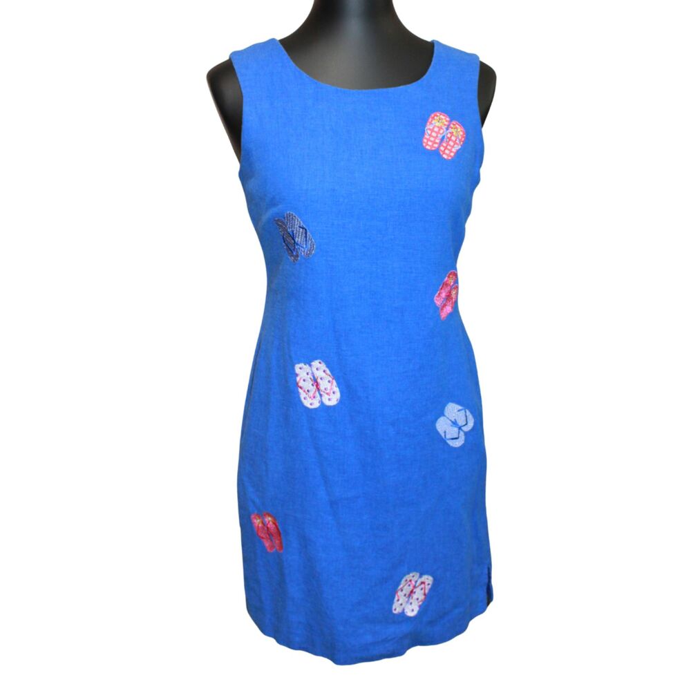 Blue Linen Flip Flop Embroidered Shift Dress 4P
